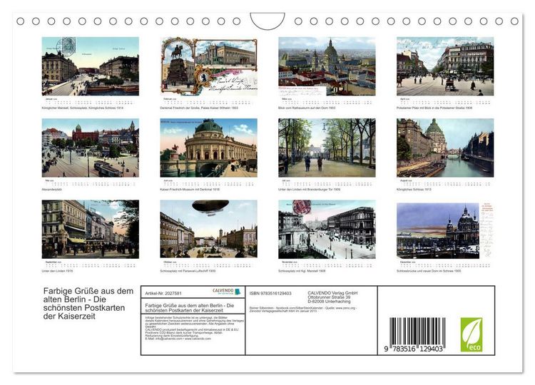 Produktbild: Farbige Gr&uuml;&szlig;e aus dem alten Berlin - Die sch&ouml;nsten Postkarten der Kaiserzeit (Wandkalender 2026 DIN A4 quer), CALVENDO Monatskalender