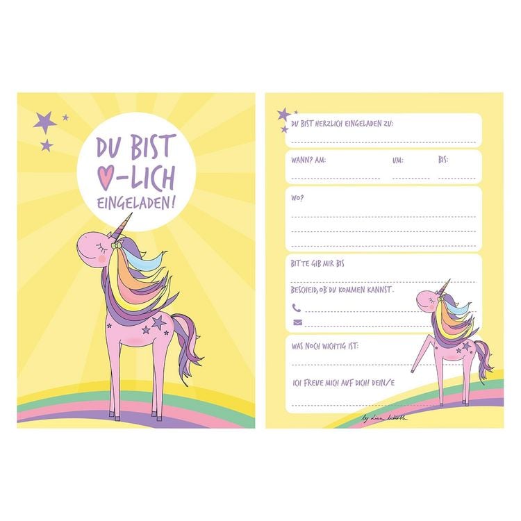 Produktbild: 12 Einladungskarten Geburtstag Einhorn (Handgemachte Einladungskarten Kindergeburtstag inkl. 12 liebevollen Hand designten Briefumschl&auml;gen)