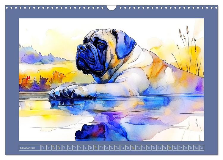 Produktbild: Majest&auml;tische English Mastiffs. Sanfte Riesen in Aquarell-Eleganz (Wandkalender 2026 DIN A3 quer), CALVENDO Monatskalender