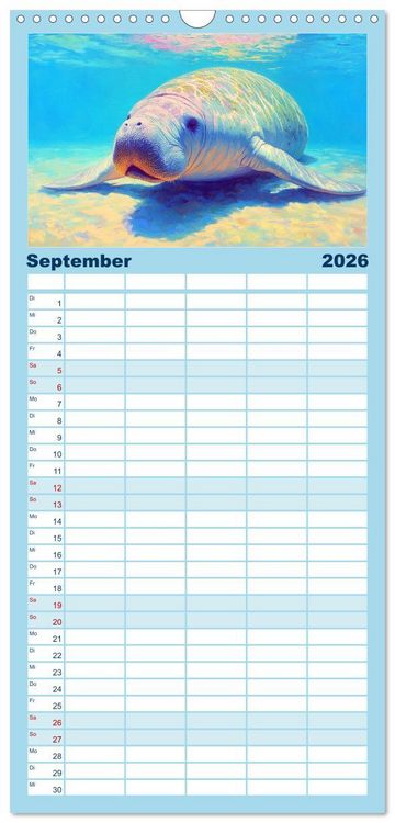 Produktbild: Familienplaner 2026 - Manatee Paintings. Rundschwanzseek&uuml;he im &Ouml;lgem&auml;lde-Stil mit 5 Spalten (Wandkalender, 21 x 45 cm) CALVENDO