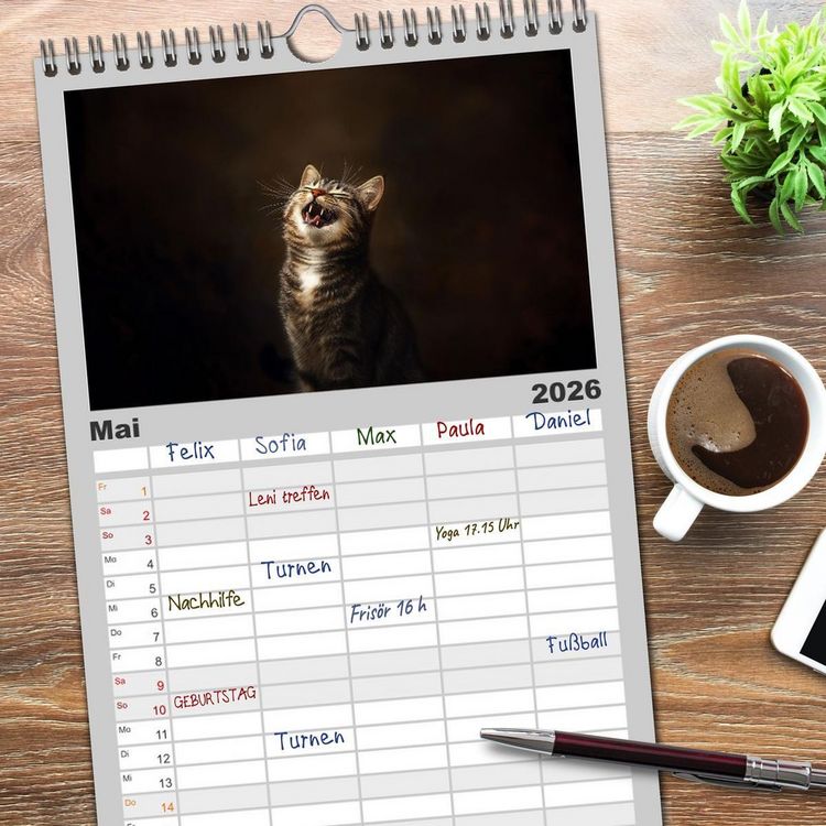 Produktbild: Familienplaner 2026 - Auch Katzen lachen gern mit 5 Spalten (Wandkalender, 21 x 45 cm) CALVENDO