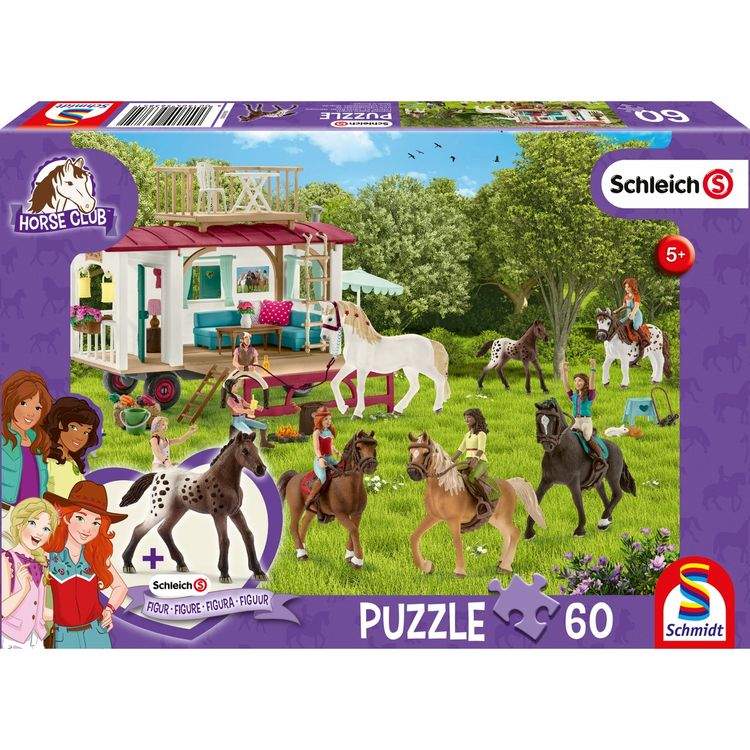Produktbild: Schmidt 56385 - Schleich, Horse Club, Clubtreffen vor dem Wohnwagen, Puzzle mit Figur, 60 Teile