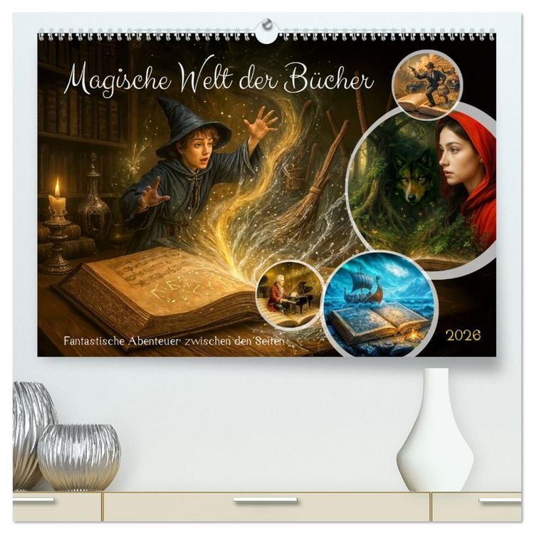 Produktbild: Magische Welt der B&uuml;cher - Fantastische Abenteuer zwischen den Seiten (hochwertiger Premium Wandkalender 2026 DIN A2 quer), Kunstdruck in Hochglanz