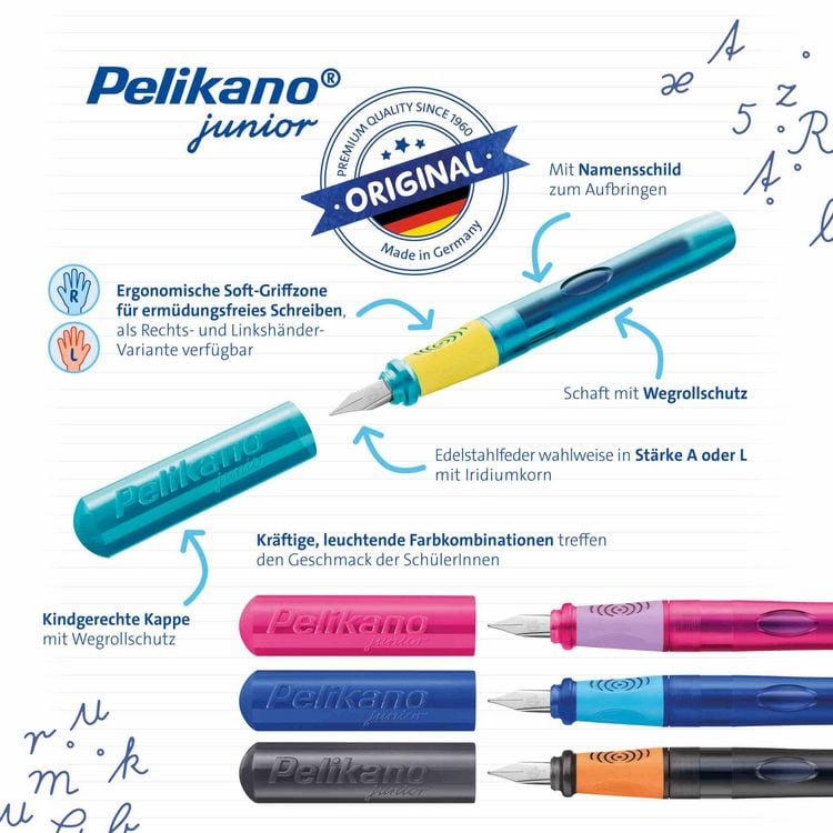 Produktbild: Pelikan F&uuml;ller Pelikano&reg; Junior Schreiblernf&uuml;ller, f&uuml;r Rechtsh&auml;nder, T&uuml;rkis, Feder A