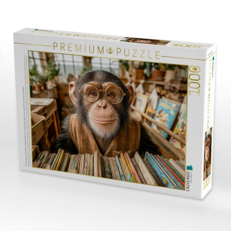Produktbild: CALVENDO Puzzle Ein Schimpanse mit Brille und Weste steht hinter einem B&uuml;cherregal in einem gem&uuml;tlichen kleinen Buchladen | 1000 Teile Lege-Gr&ouml;&szlig;e 64x4
