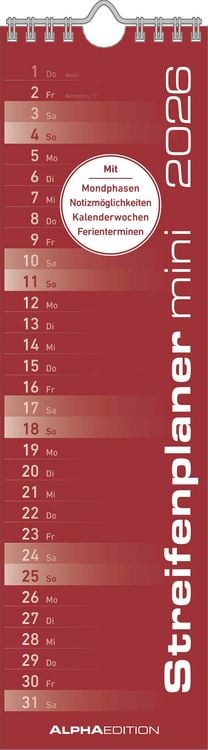 Bild vom Artikel Streifenplaner Mini Rot 2026 - Streifen-Kalender 9,5x33 cm - Küchenkalender - Wandplaner - Alpha Edition vom Autor Alpha Edition