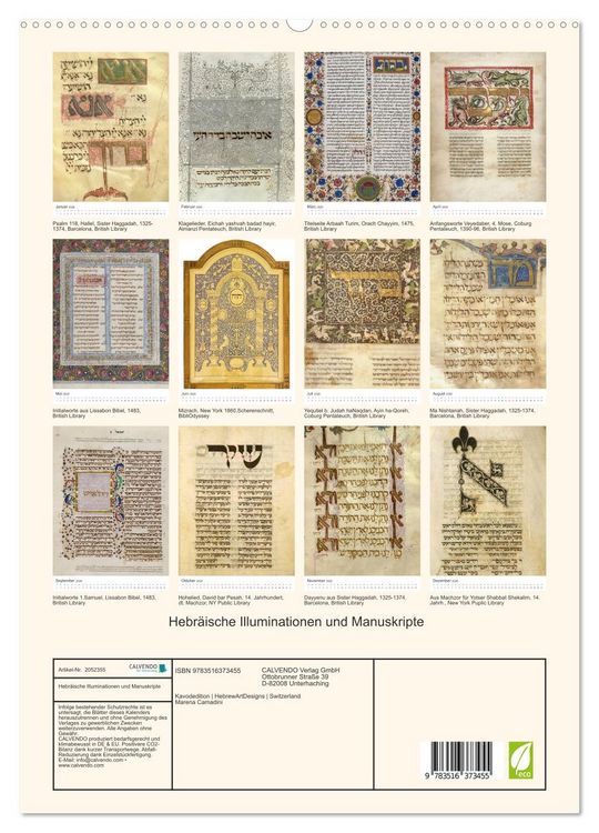 Produktbild: Hebr&auml;ische Illuminationen und Manuskripte (hochwertiger Premium Wandkalender 2026 DIN A2 hoch), Kunstdruck in Hochglanz