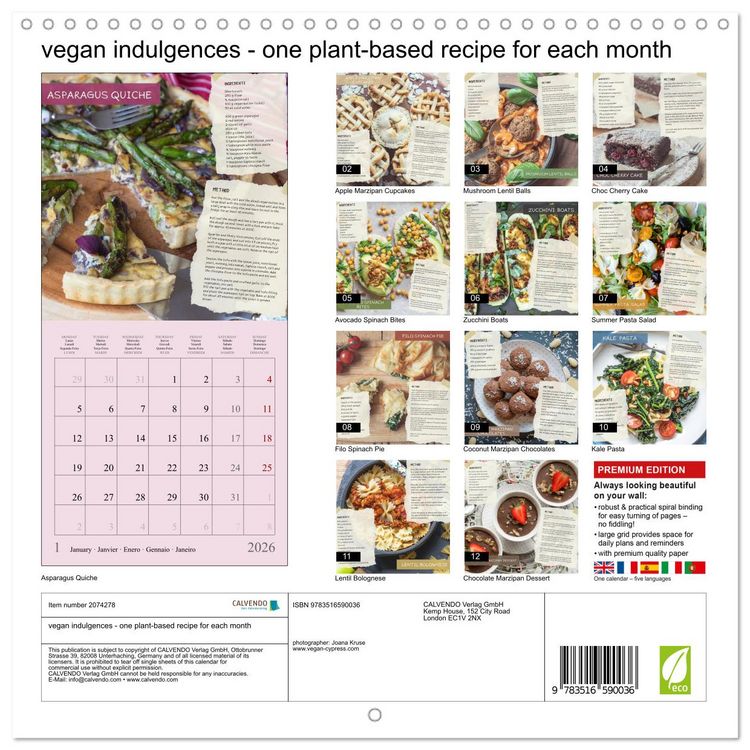 Produktbild: vegan indulgences - one plant-based recipe for each month (Wall Calendar 2026 12 &times; 12 Inch) CALVENDO 12 Month Wall Calendar