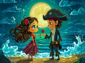 Produktbild: CALVENDO Puzzle Kleiner Pirat heiratet die Meerjungfrau in einer Hochzeit am Strand bei Mondschein | 1000 Teile Lege-Gr&ouml;&szlig;e 64x48cm Foto-Puzzle f&uuml;r gl&uuml;ckliche Stunden