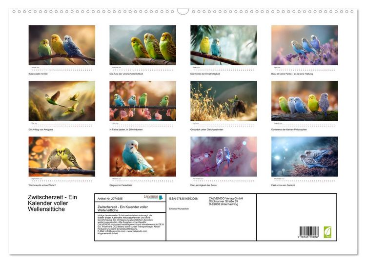 Produktbild: Zwitscherzeit - Ein Kalender voller Wellensittiche (Wandkalender 2026 DIN A2 quer), CALVENDO Monatskalender