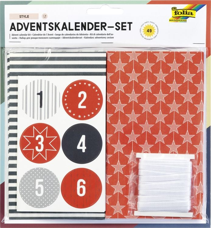 Produktbild: Folia Adventskalender-Set STYLE, aus 24 lebensmittel echten T&uuml;ten, Satinband, Sticker
