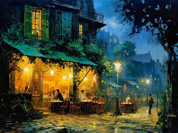 Produktbild: CALVENDO Puzzle Vincent van Goghs "Caf&eacute;terrasse am Abend" gemalt im Stil von Carl Spitzweg | 1000 Teile Lege-Gr&ouml;&szlig;e 64x48cm Foto-Puzzle f&uuml;r gl&uuml;ckliche