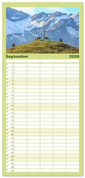 Produktbild: Familienplaner 2026 - Naturwunder Berge mit 5 Spalten (Wandkalender, 21 x 45 cm) CALVENDO