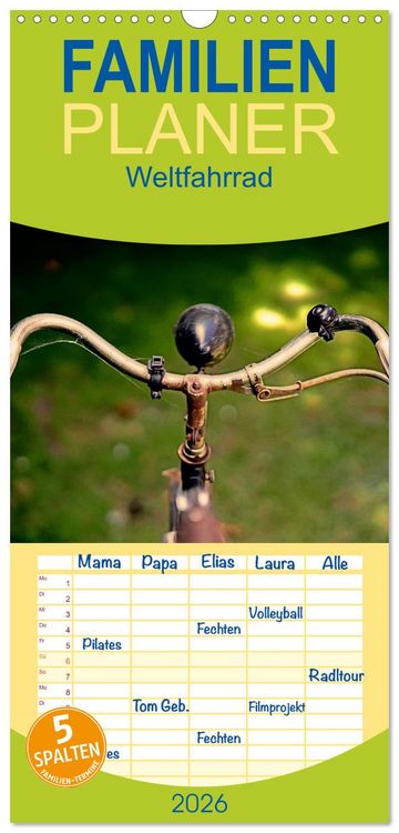 Produktbild: Familienplaner 2026 - Weltfahrrad mit 5 Spalten (Wandkalender, 21 x 45 cm) CALVENDO