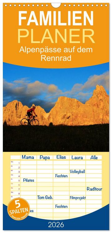 Produktbild: Familienplaner 2026 - Alpenp&auml;sse auf dem Rennrad "Himmlische Serpentinen" mit 5 Spalten (Wandkalender, 21 x 45 cm) CALVENDO