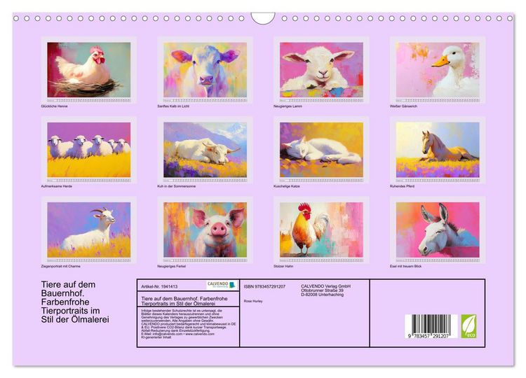 Produktbild: Tiere auf dem Bauernhof. Farbenfrohe Tierportraits im Stil der &Ouml;lmalerei (Wandkalender 2026 DIN A3 quer), CALVENDO Monatskalender