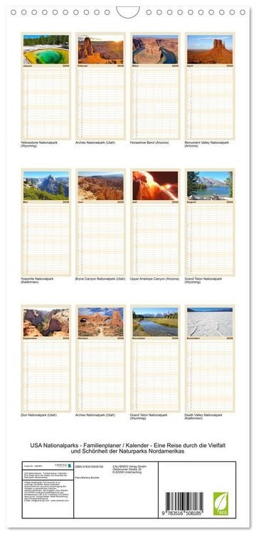 Produktbild: Familienplaner 2026 - USA Nationalparks - Familienplaner / Kalender - Eine Reise durch die Vielfalt und Sch&ouml;nheit der Naturparks Nordamerikas mit 5 Spalten (Wandkalender, 21 x 45 cm) CALVENDO