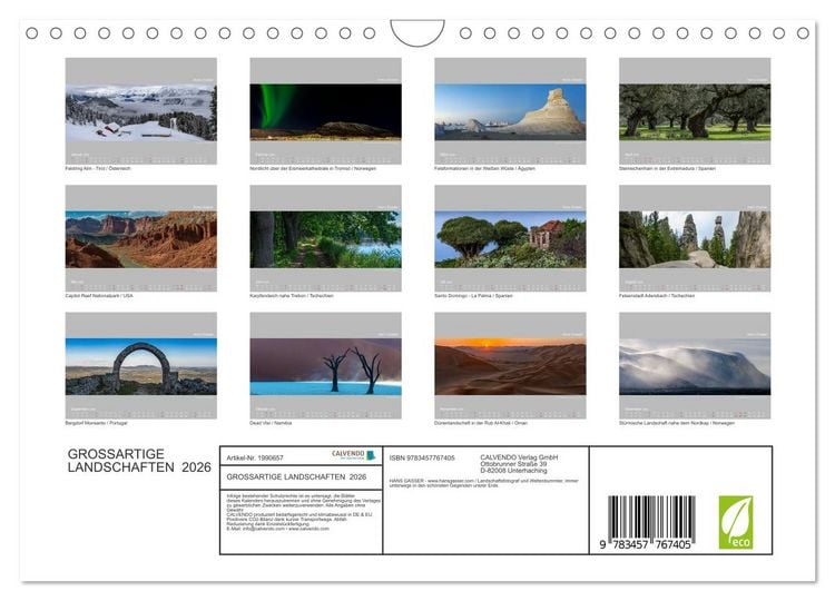 Produktbild: GROSSARTIGE LANDSCHAFTEN 2026 (Wandkalender 2026 DIN A4 quer), CALVENDO Monatskalender