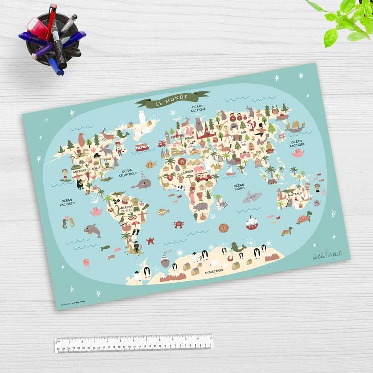 Produktbild: Cover-your-desk Schreibtischunterlage f&uuml;r Kinder Weltkarte in franz&ouml;sisch blau, aus hochwertigem Vinyl , 60 x 40 cm