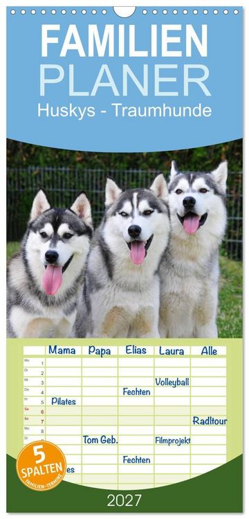 Produktbild: Familienplaner 2027 - Huskys - Traumhunde mit 5 Spalten (Wandkalender, 21 x 45 cm) CALVENDO