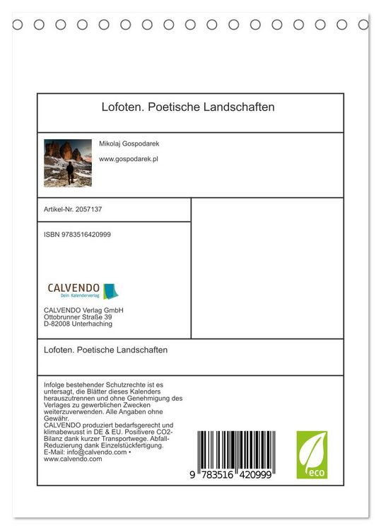 Produktbild: Lofoten. Poetische Landschaften (Tischkalender 2026 DIN A5 hoch), CALVENDO Monatskalender