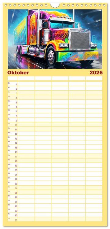 Produktbild: Familienplaner 2026 - Langhauber Paintings. Trucks in lebendigen Farben mit 5 Spalten (Wandkalender, 21 x 45 cm) CALVENDO