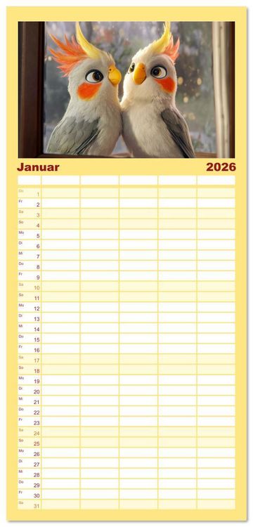 Produktbild: Familienplaner 2026 - Klein, laut, lustig - Nymphensittiche mit 5 Spalten (Wandkalender, 21 x 45 cm) CALVENDO