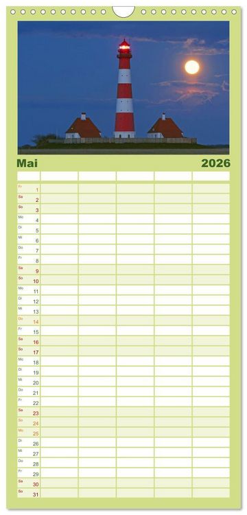 Produktbild: Familienplaner 2026 - Leuchtt&uuml;rme: Die Sch&ouml;nsten an Nord- und Ostsee mit 5 Spalten (Wandkalender, 21 x 45 cm) CALVENDO