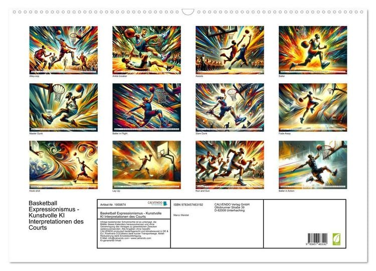 Produktbild: Basketball Expressionismus - Kunstvolle KI Interpretationen des Courts (Wandkalender 2026 DIN A2 quer), CALVENDO Monatskalender