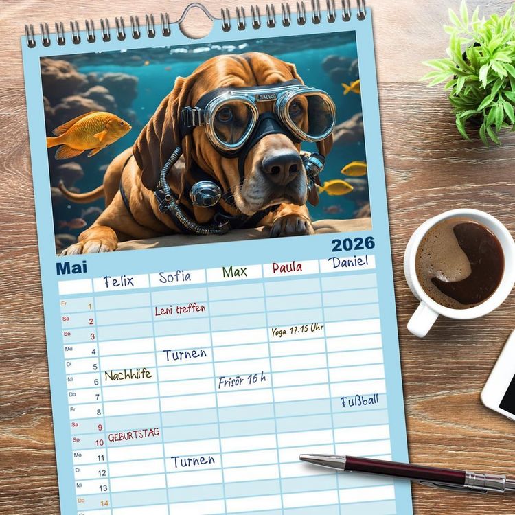 Produktbild: Familienplaner 2026 - Hunde abgetaucht mit 5 Spalten (Wandkalender, 21 x 45 cm) CALVENDO