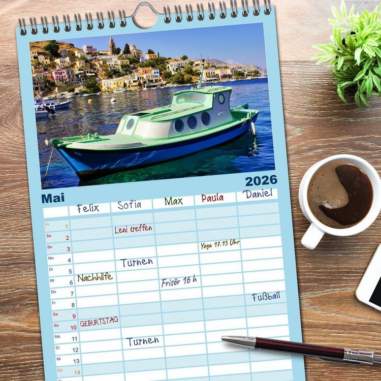 Produktbild: Familienplaner 2026 - Ein Tag auf Symi mit 5 Spalten (Wandkalender, 21 x 45 cm) CALVENDO