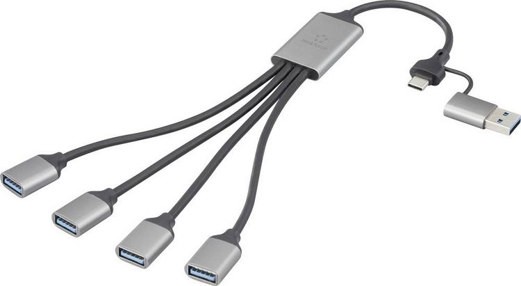 Produktbild: Renkforce RF-6861934 USB-Hub 4 Port USB-A USB 3.0 5 GBit/s mit Aluminiumgeh&auml;use Grau RF-HUB-300