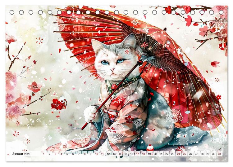 Produktbild: Geisha-Katzen - Mit Bl&uuml;ten, Schirm und Bambus im Japanstil (Tischkalender 2026 DIN A5 quer), CALVENDO Monatskalender