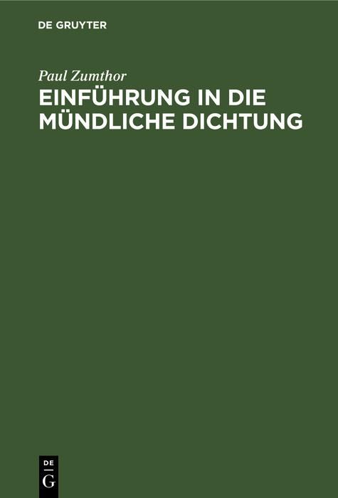 Produktbild: Einf&uuml;hrung in die m&uuml;ndliche Dichtung