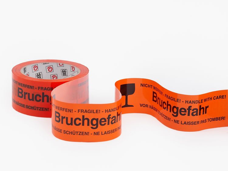 Produktbild: Klebefilm Aufschrift "Bruchgefahr" orange 66mx5cm