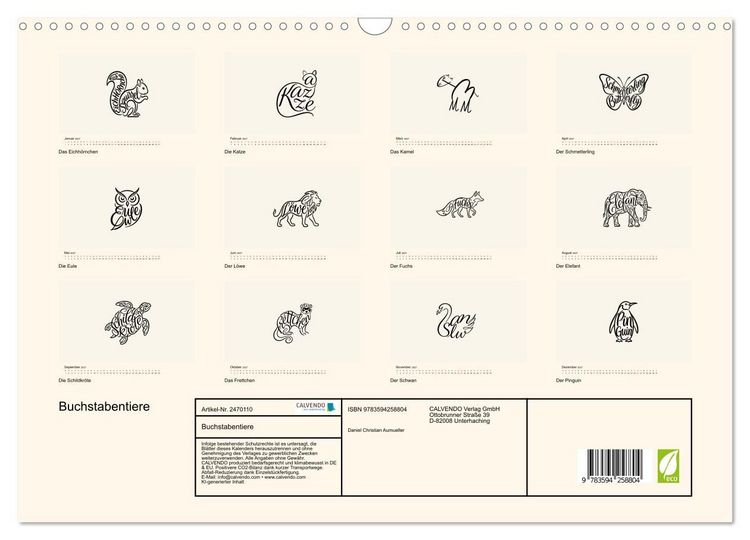 Produktbild: Buchstabentiere (Wandkalender 2027 DIN A3 quer), CALVENDO Monatskalender