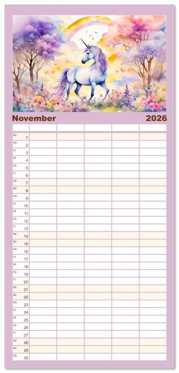 Produktbild: Familienplaner 2026 - Magische Einh&ouml;rner - Traumlandschaften unterm Regenbogen mit 5 Spalten (Wandkalender, 21 x 45 cm) CALVENDO
