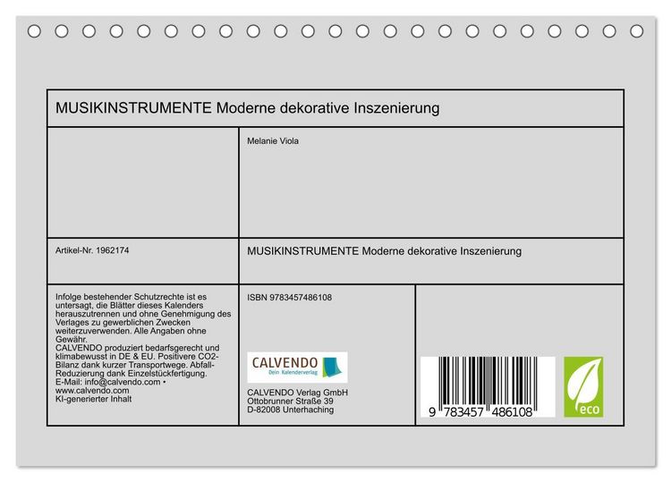 Produktbild: MUSIKINSTRUMENTE Moderne dekorative Inszenierung (Tischkalender 2026 DIN A5 quer), CALVENDO Monatskalender