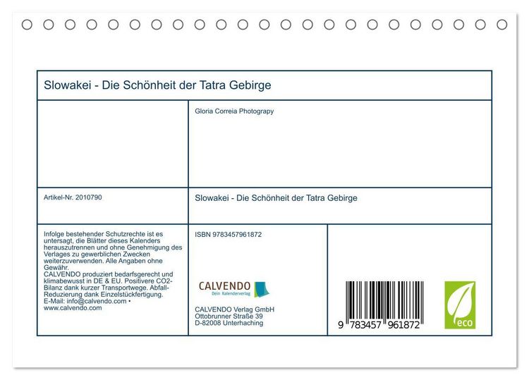 Produktbild: Slowakei - Die Sch&ouml;nheit der Tatra Gebirge (Tischkalender 2026 DIN A5 quer), CALVENDO Monatskalender