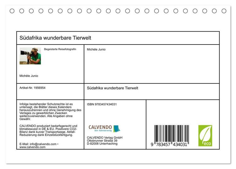 Produktbild: S&uuml;dafrika wunderbare Tierwelt (Tischkalender 2026 DIN A5 quer), CALVENDO Monatskalender