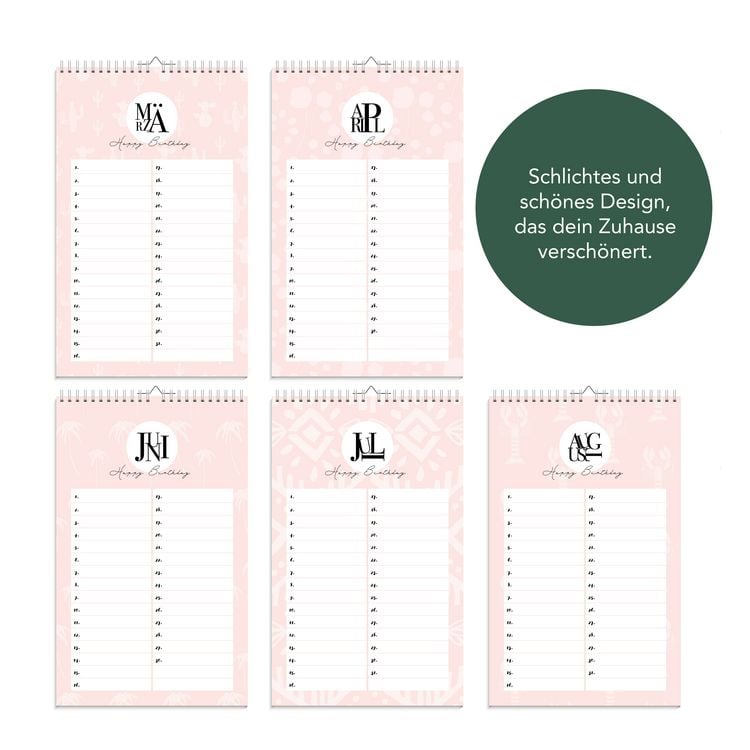 Produktbild: Geburtstagskalender immerw&auml;hrend | Jahresunabh&auml;ngiger Kalender f&uuml;r Geburtstage in rosa | Geburtstags&uuml;bersicht zum Aufh&auml;ngen mit Spiralbindung f&uuml;r die Familie und f&uuml;rs B&uuml;ro