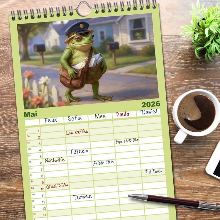 Produktbild: Familienplaner 2026 - Frosch bei der Arbeit- Dienst nach Vorschrift mit 5 Spalten (Wandkalender, 21 x 45 cm) CALVENDO