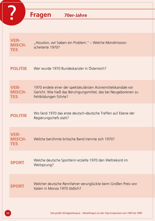 Produktbild: Das gro&szlig;e Schlagzeilen-Quiz. R&auml;tselfragen zu den Top-Ereignissen von 1950 bis 1999