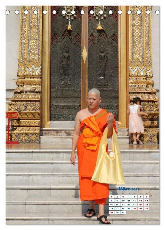 Produktbild: Bangkoks Tempel - Goldene Pagoden und safrangelbe Roben (Tischkalender 2027 DIN A5 hoch), CALVENDO Monatskalender