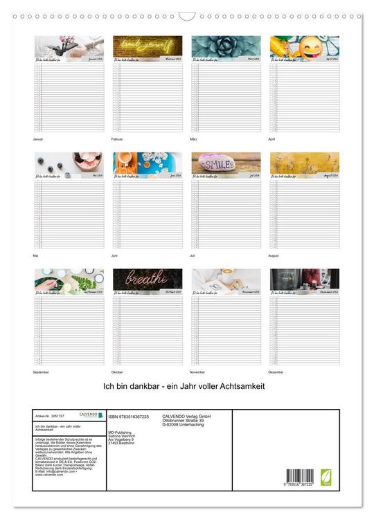 Produktbild: Ich bin dankbar - ein Jahr voller Achtsamkeit (Wandkalender 2026 DIN A2 hoch), CALVENDO Monatskalender
