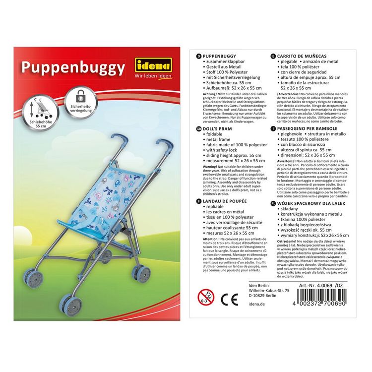 Produktbild: Idena Puppenbuggy zusammenklappbar blau 52x26x55cm Schiebeh&ouml;he 55cm