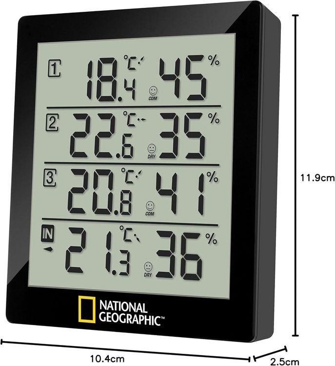 Produktbild: Bresser 13222 - NATIONAL GEOGRAPHIC Digitales Thermo-Hygrometer f&uuml;r 4 Messbereiche, schwarz