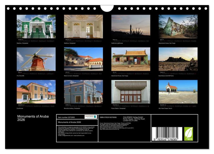 Produktbild: Monuments of Aruba 2026 (Wall Calendar 2026 DIN A4 landscape), CALVENDO 12 Month Wall Calendar