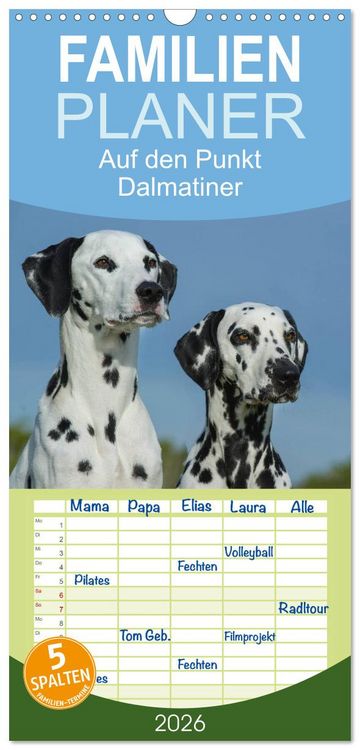 Produktbild: Familienplaner 2026 - Auf den Punkt - Dalmatiner mit 5 Spalten (Wandkalender, 21 x 45 cm) CALVENDO