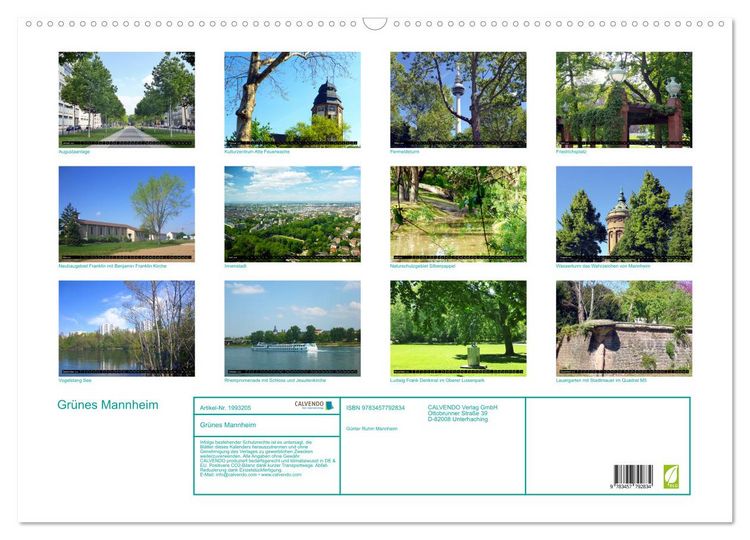 Produktbild: Gr&uuml;nes Mannheim (Wandkalender 2026 DIN A2 quer), CALVENDO Monatskalender